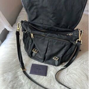Vintage Prada Black Nylon Messenger Bag with Gold Hardware